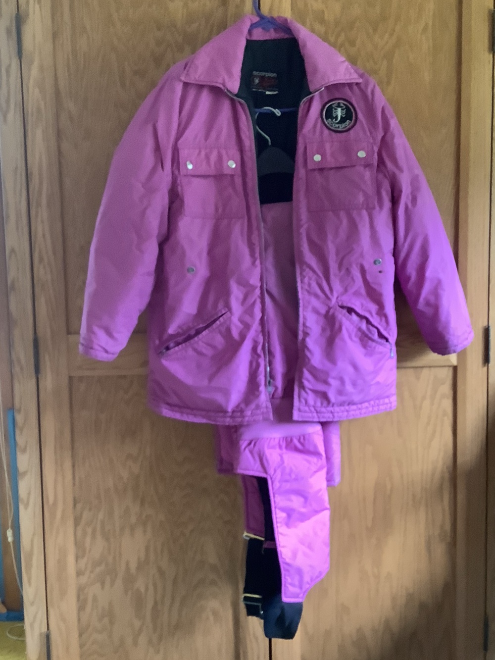 Women’s 1970’s Scorpion matching snowmobile suit, jacket and bib overalls